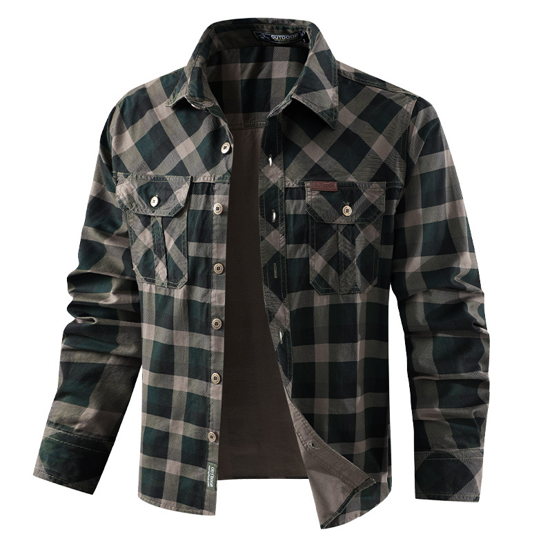 Flannel Shirt Lined - Men Plaid Casual Shirts Male Military